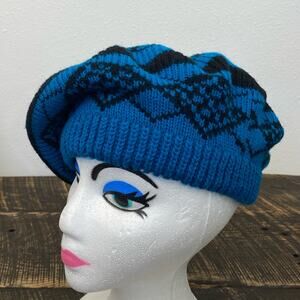 Vintage Blue Knit Beret Top Tassel Black Geometric Pattern‎ Phillipines 80s 90s